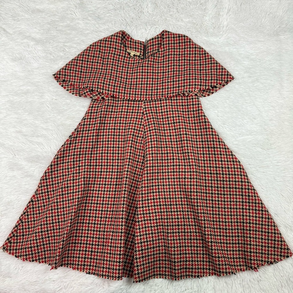 Hache size 38 houndstooth wool blend tweed cape dress raw hem made in Italy